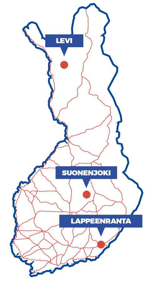 Suomen kartta jossa merkitty Levi Lappeenranta ja Suonenjoki